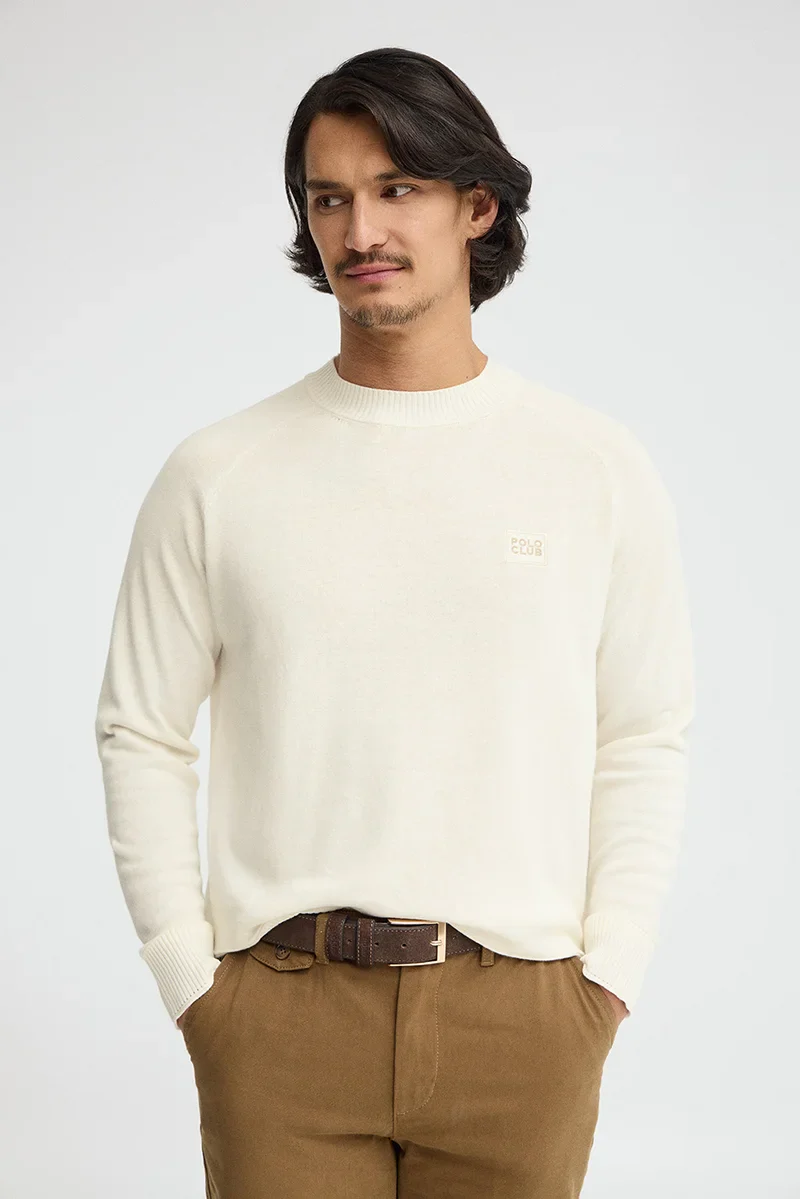 Nude cotton-linen jumper with raglan sleeves and Polo Club logo