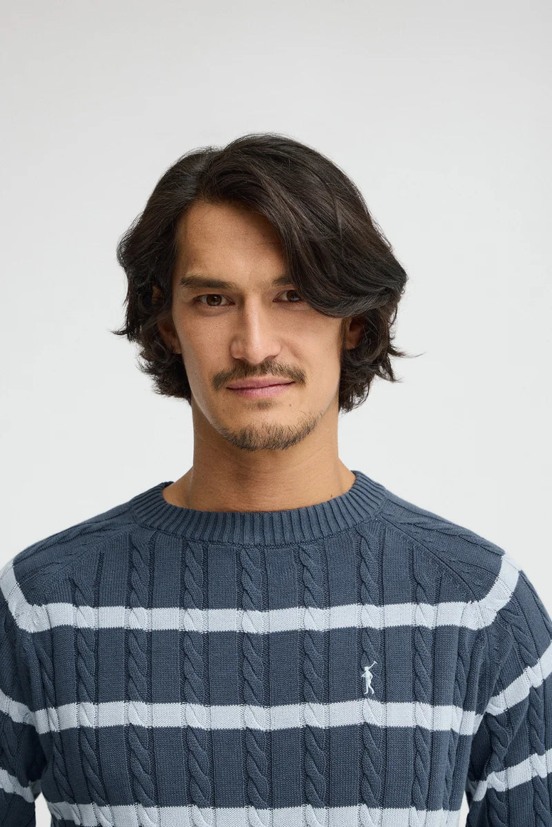 Denim-blue striped cable-knit jumper with Rigby Go logo - Image 3
