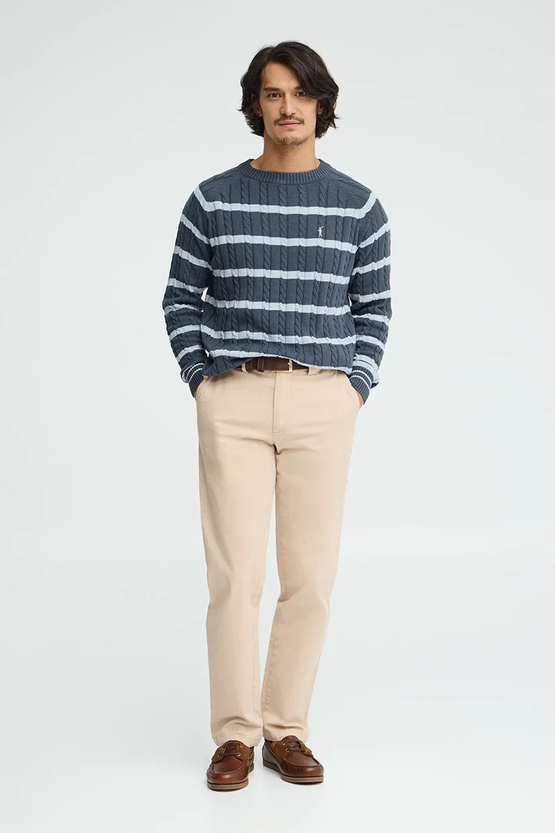 Denim-blue striped cable-knit jumper with Rigby Go logo - Image 4