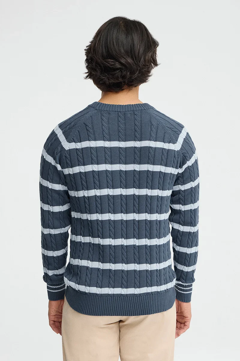Denim-blue striped cable-knit jumper with Rigby Go logo - Image 5