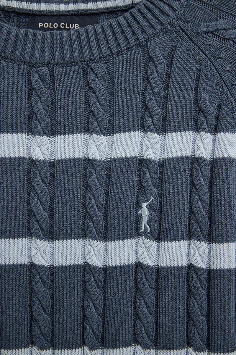 Denim-blue striped cable-knit jumper with Rigby Go logo - Image 7