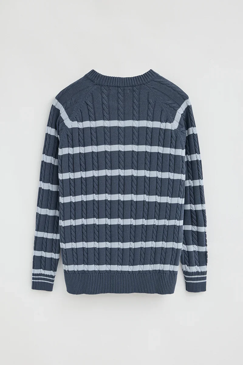 Denim-blue striped cable-knit jumper with Rigby Go logo - Image 8