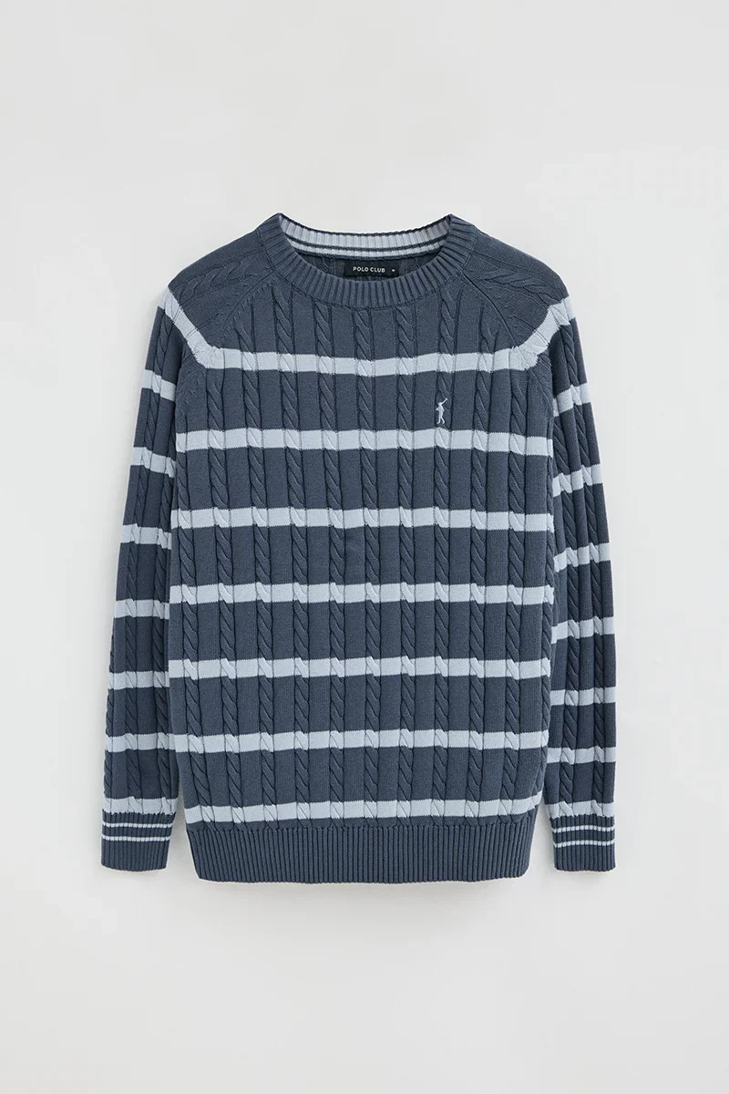 Denim-blue striped cable-knit jumper with Rigby Go logo - Image 9