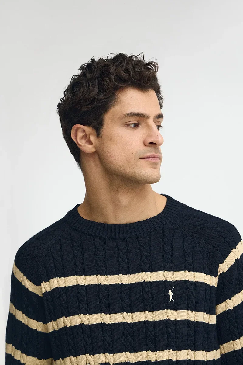 Navy-blue striped cable-knit jumper with Rigby Go logo - Image 3