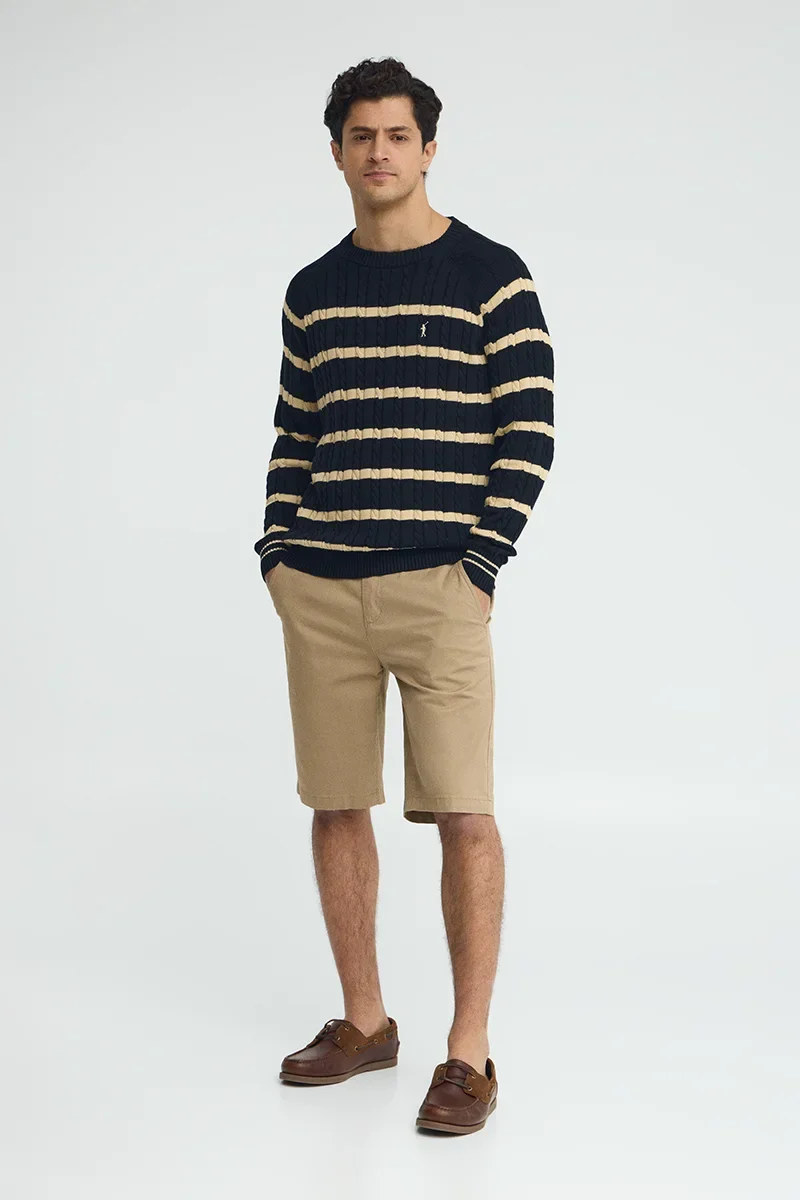 Navy-blue striped cable-knit jumper with Rigby Go logo - Image 4