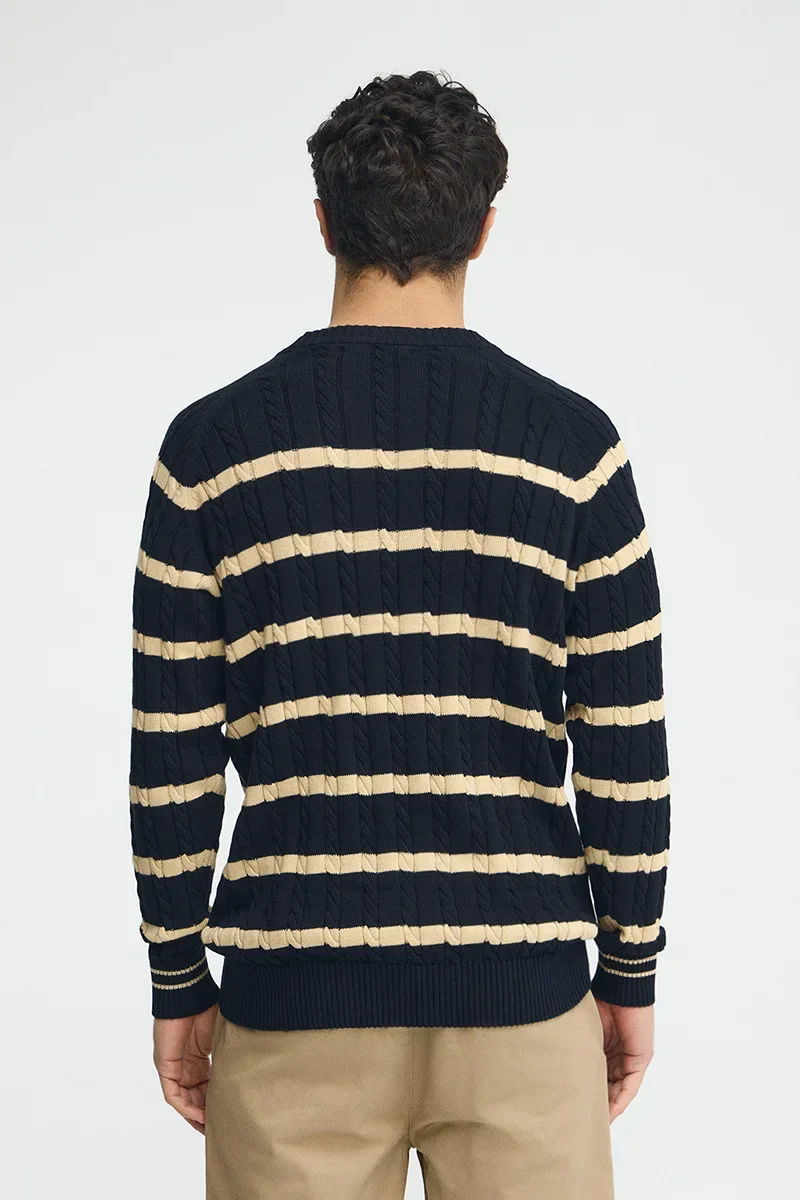 Navy-blue striped cable-knit jumper with Rigby Go logo - Image 5