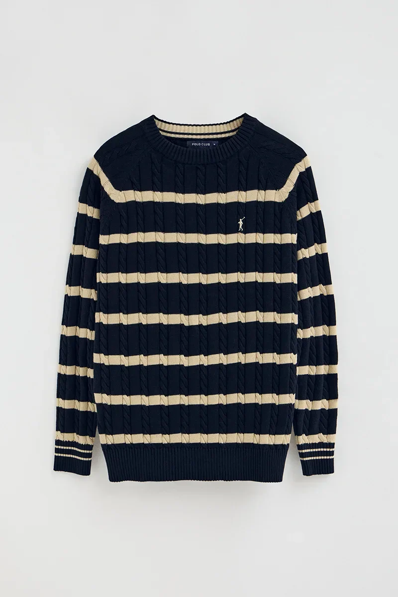 Navy-blue striped cable-knit jumper with Rigby Go logo - Image 6