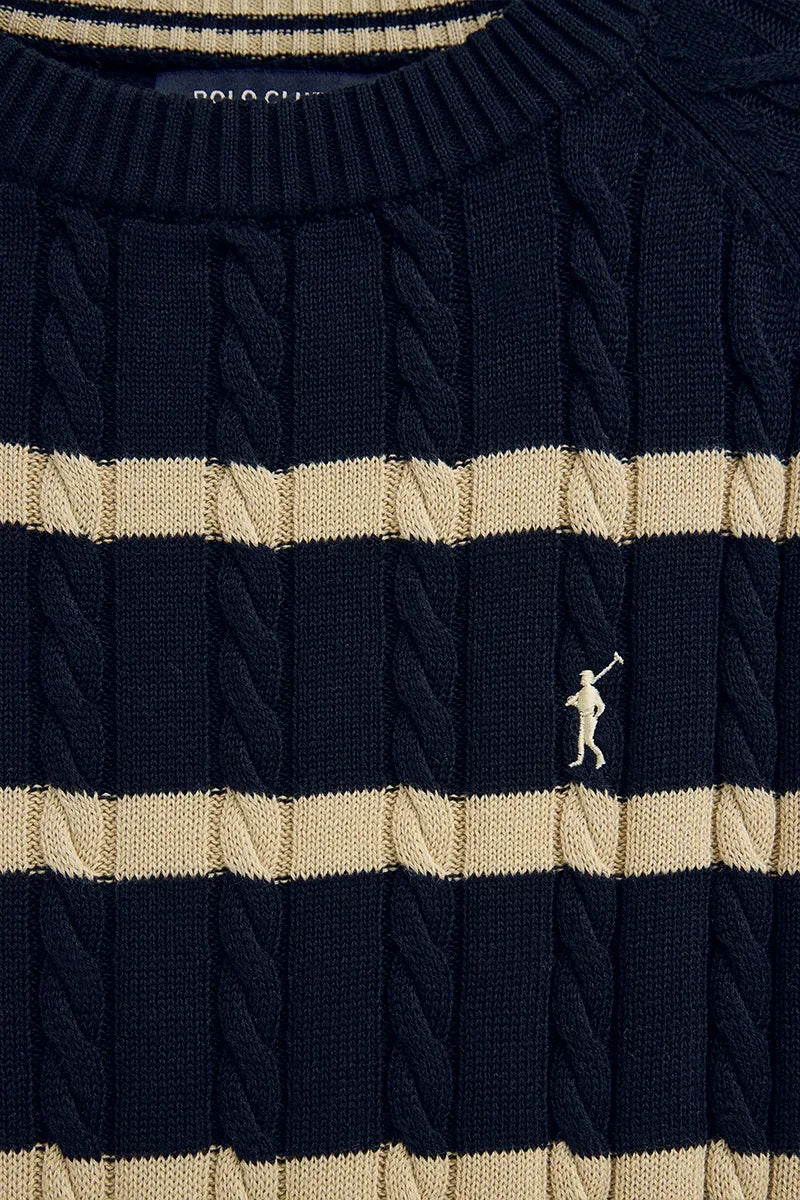 Navy-blue striped cable-knit jumper with Rigby Go logo - Image 7