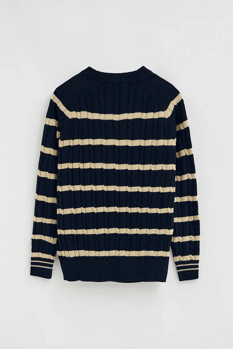 Navy-blue striped cable-knit jumper with Rigby Go logo - Image 8