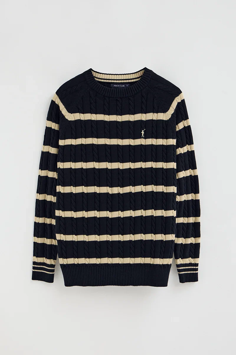 Navy-blue striped cable-knit jumper with Rigby Go logo - Image 9