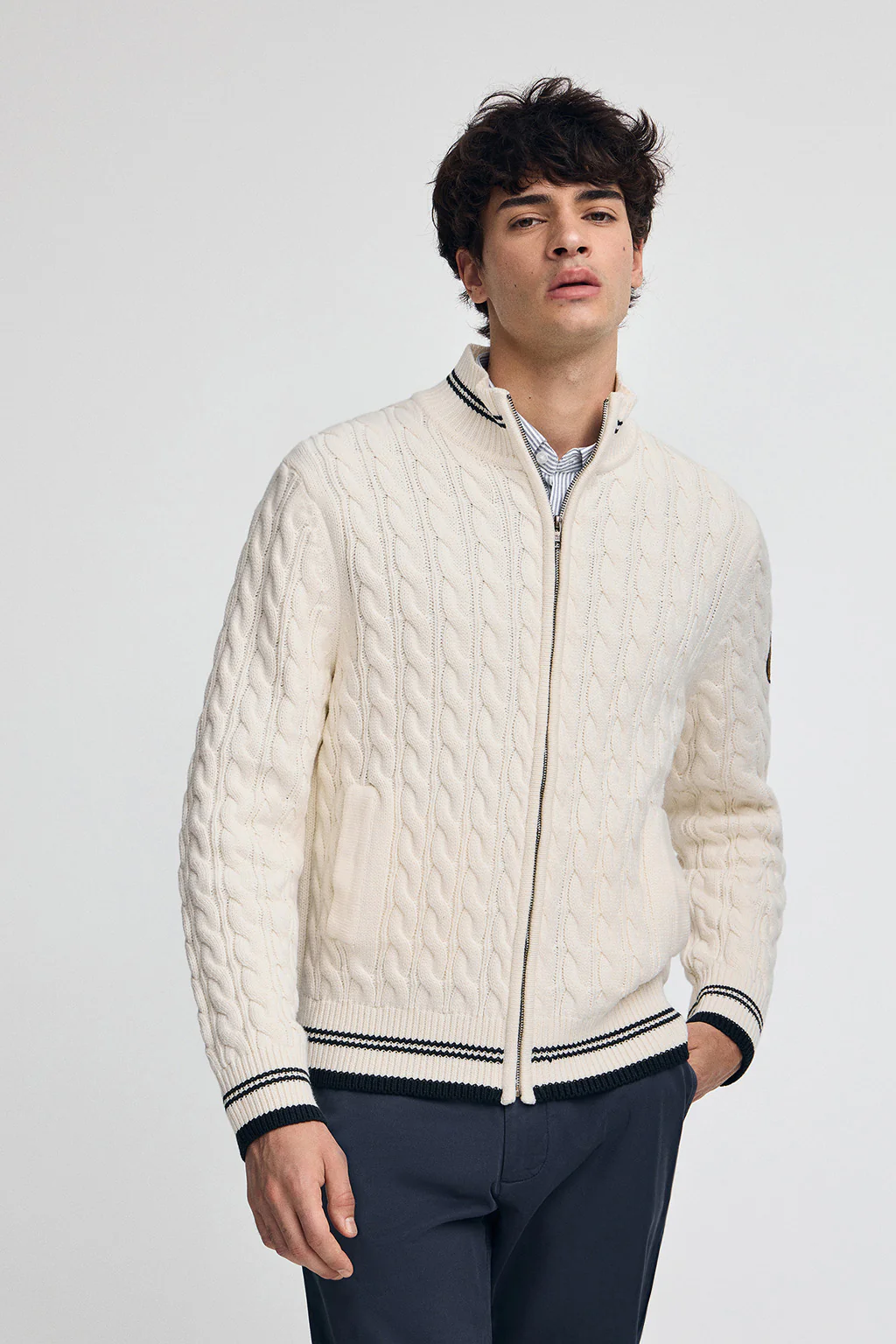 Nude cardigan with full zip and Polo Club nautical patch