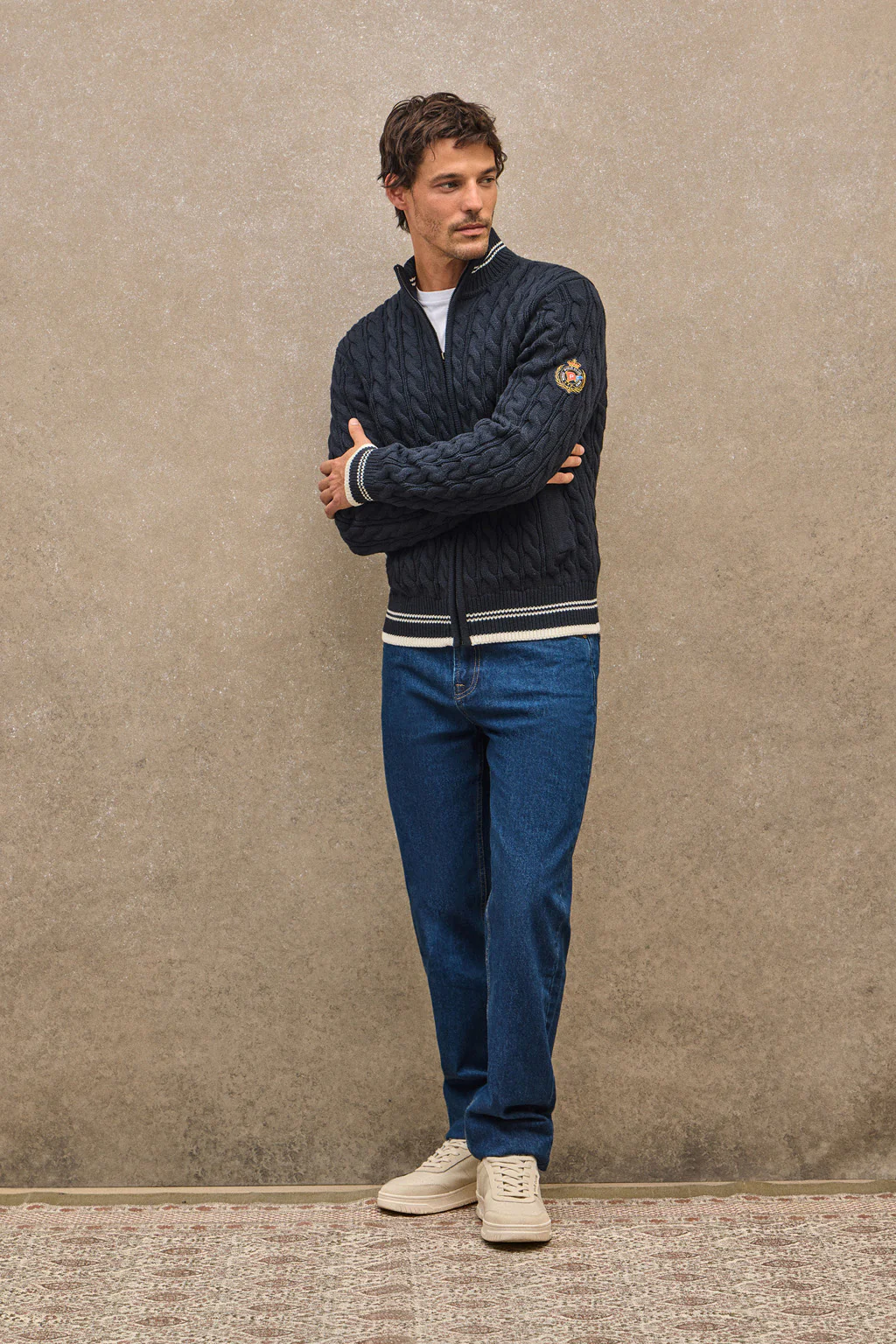 Navy-blue cardigan with full zip and Polo Club nautical patch - Image 4