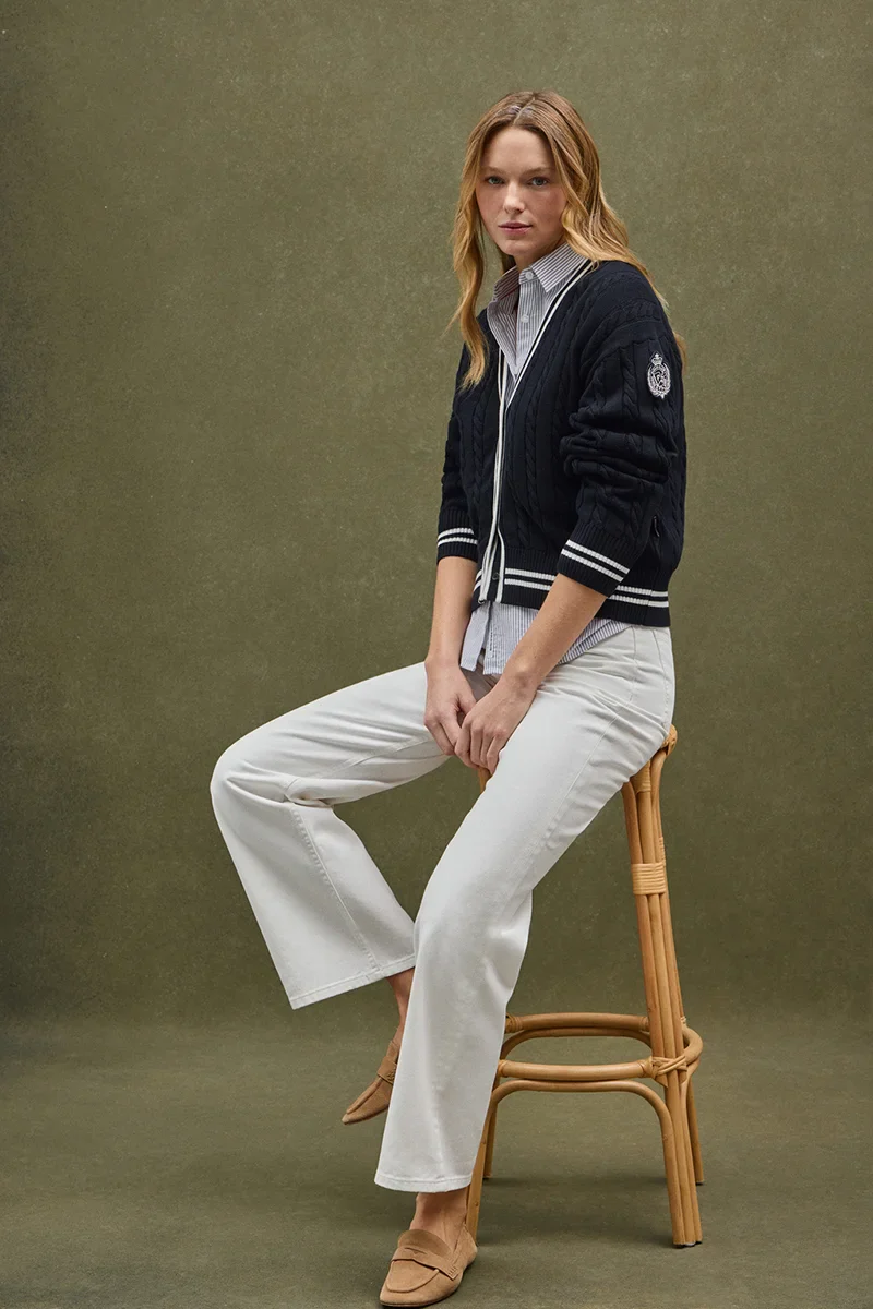 Navy-blue cable-knit cardigan with Polo Club nautical logo