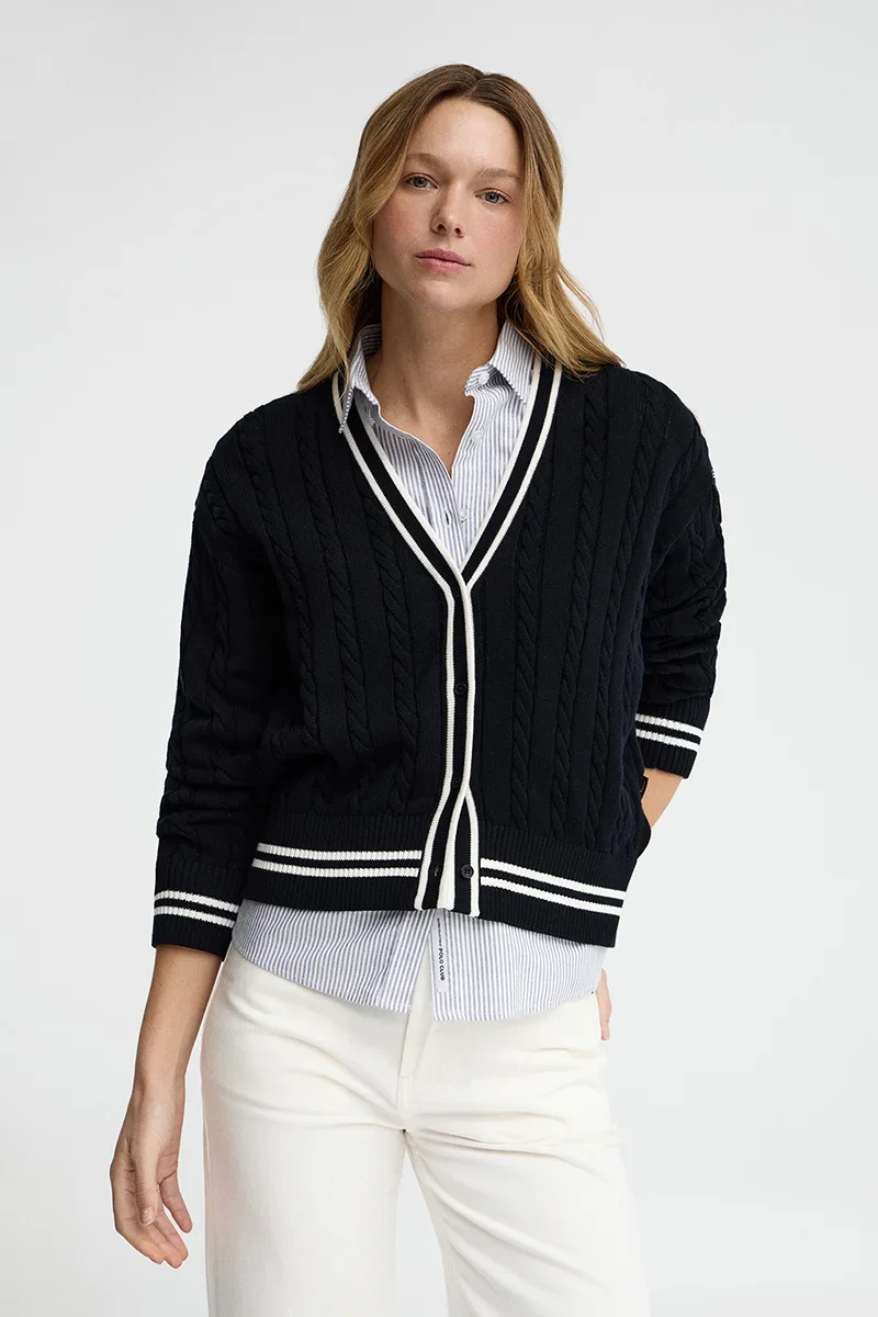 Navy-blue cable-knit cardigan with Polo Club nautical logo - Image 2