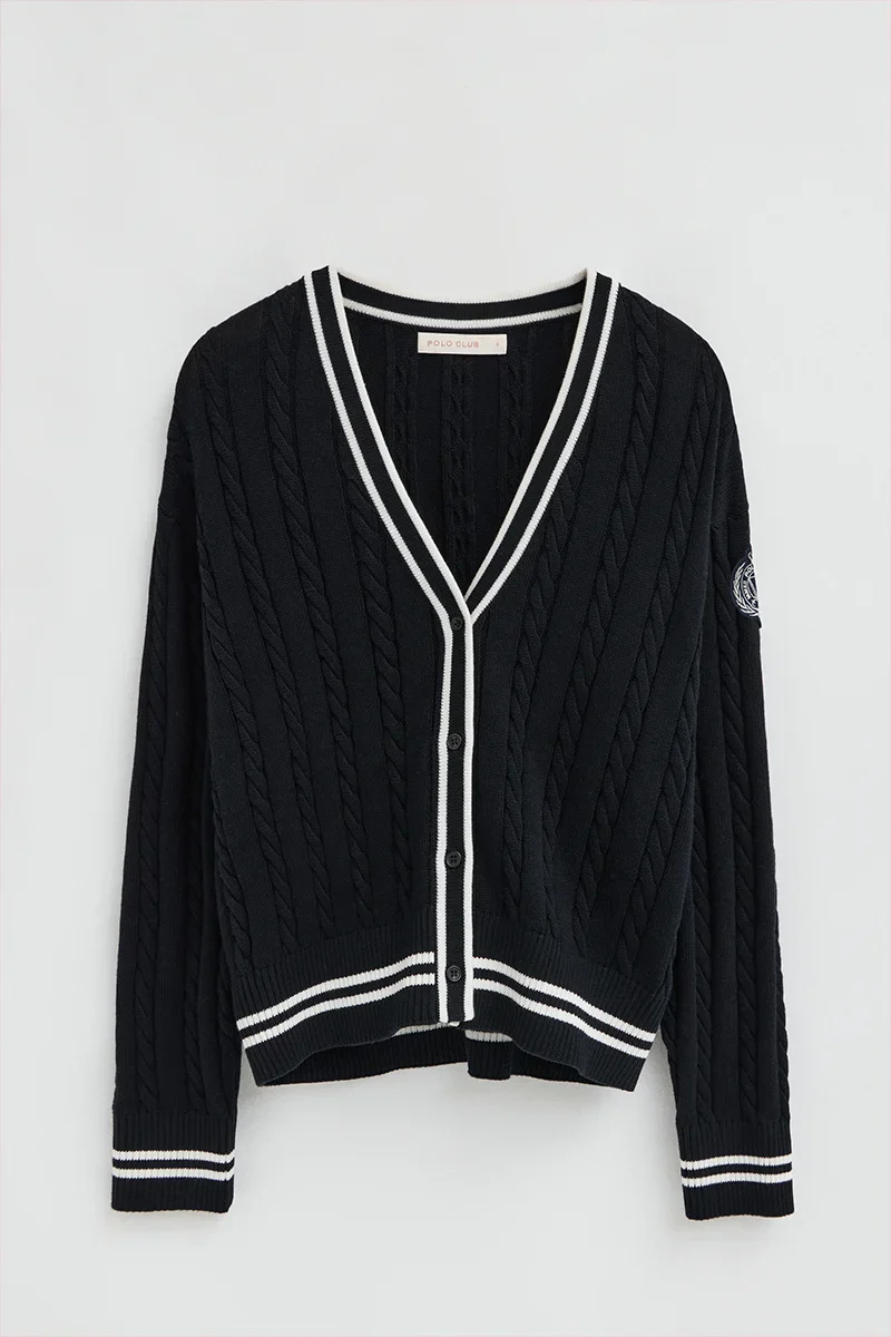 Navy-blue cable-knit cardigan with Polo Club nautical logo - Image 6