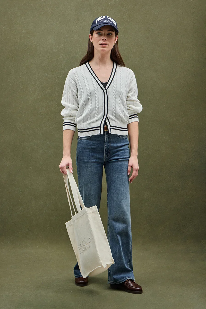 Nude cable-knit cardigan with Polo Club nautical logo - Image 2