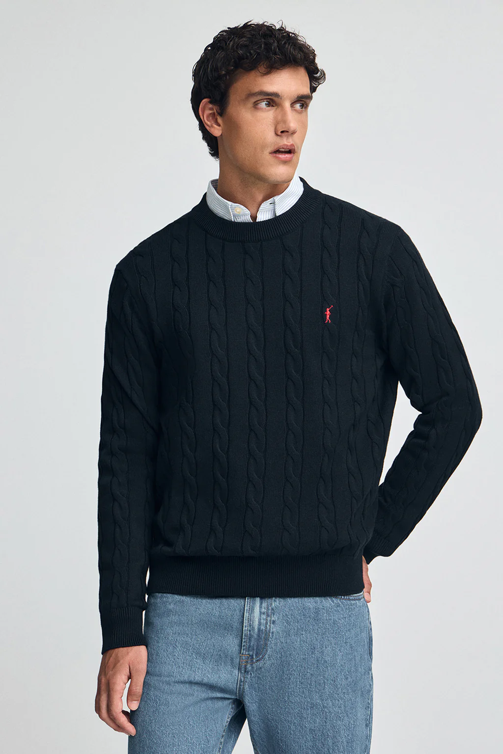 Men’s cable-knit wool-blend 2-pack jumpers in navy and black with Rigby Go embroidery - Image 2