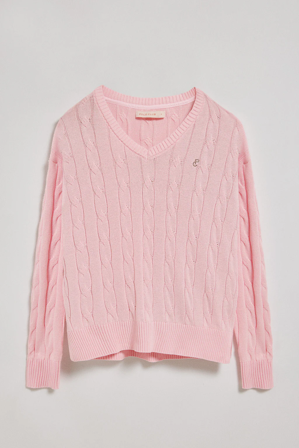 Pink V-neck cable-knit jumper with embroidered monogram - Image 5