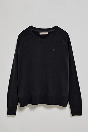 Navy-blue V-neck jumper in cotton and linen with embroidered monogram - Image 8