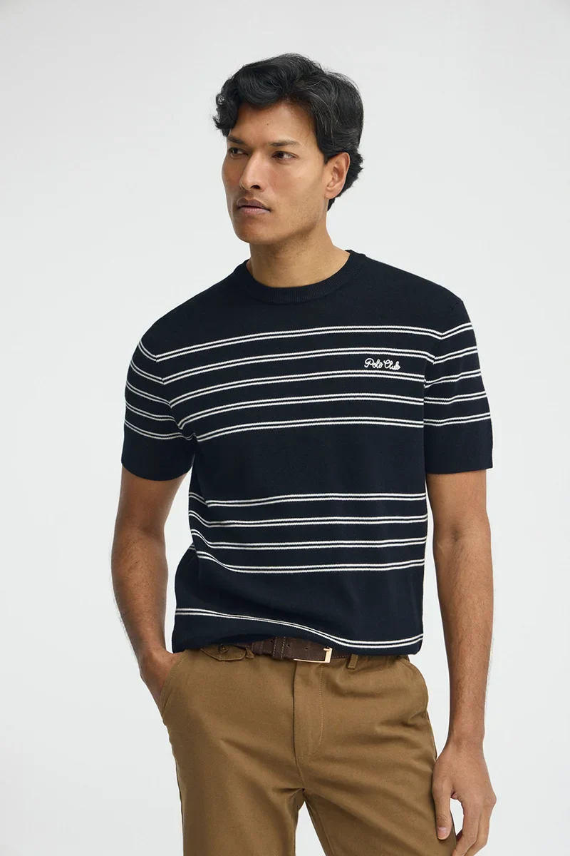 Short-sleeve striped jumper in navy blue and nude with Polo Club embroidery