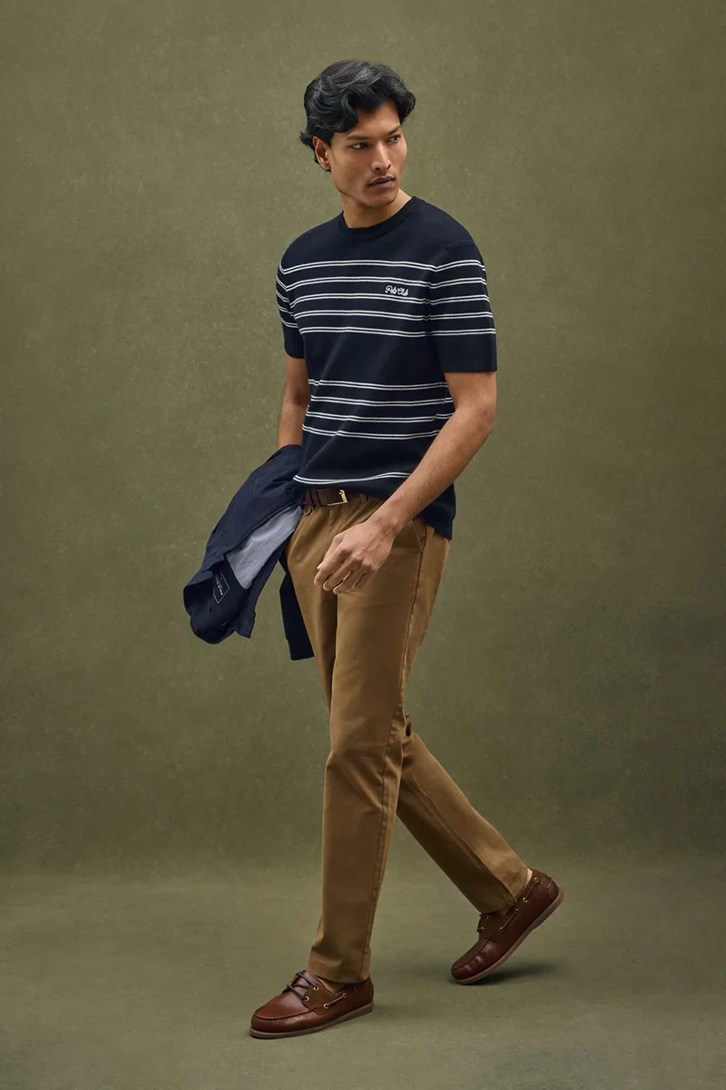 Short-sleeve striped jumper in navy blue and nude with Polo Club embroidery - Image 2