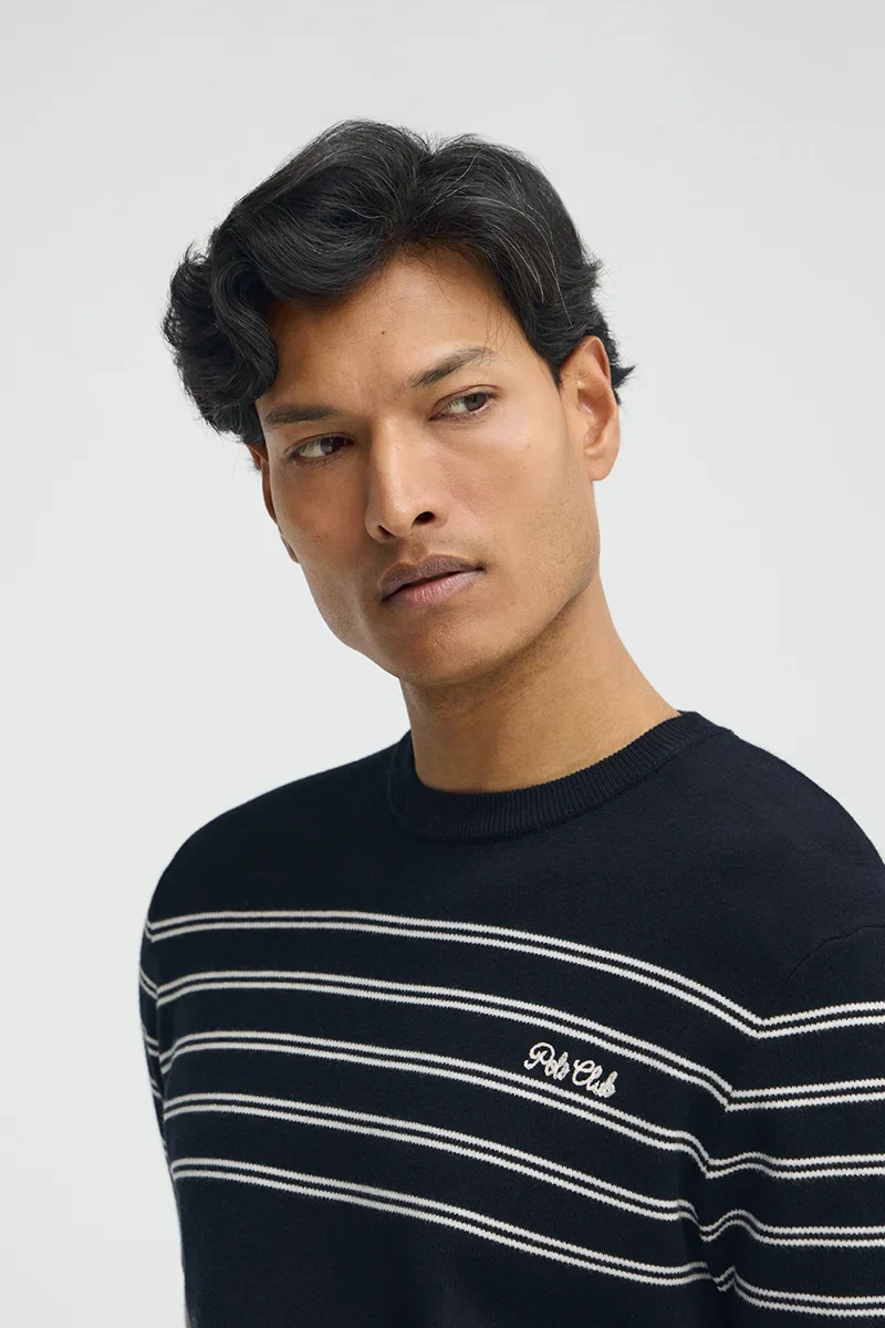 Short-sleeve striped jumper in navy blue and nude with Polo Club embroidery - Image 3