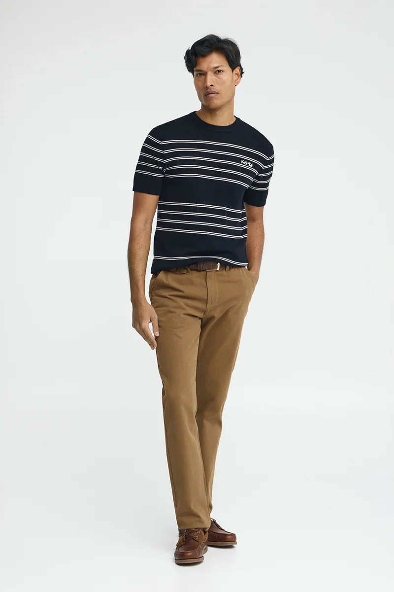 Short-sleeve striped jumper in navy blue and nude with Polo Club embroidery - Image 4