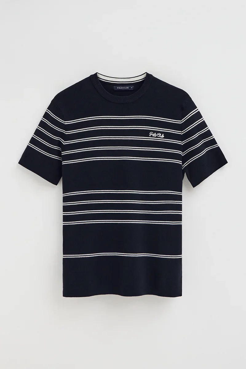 Short-sleeve striped jumper in navy blue and nude with Polo Club embroidery - Image 9