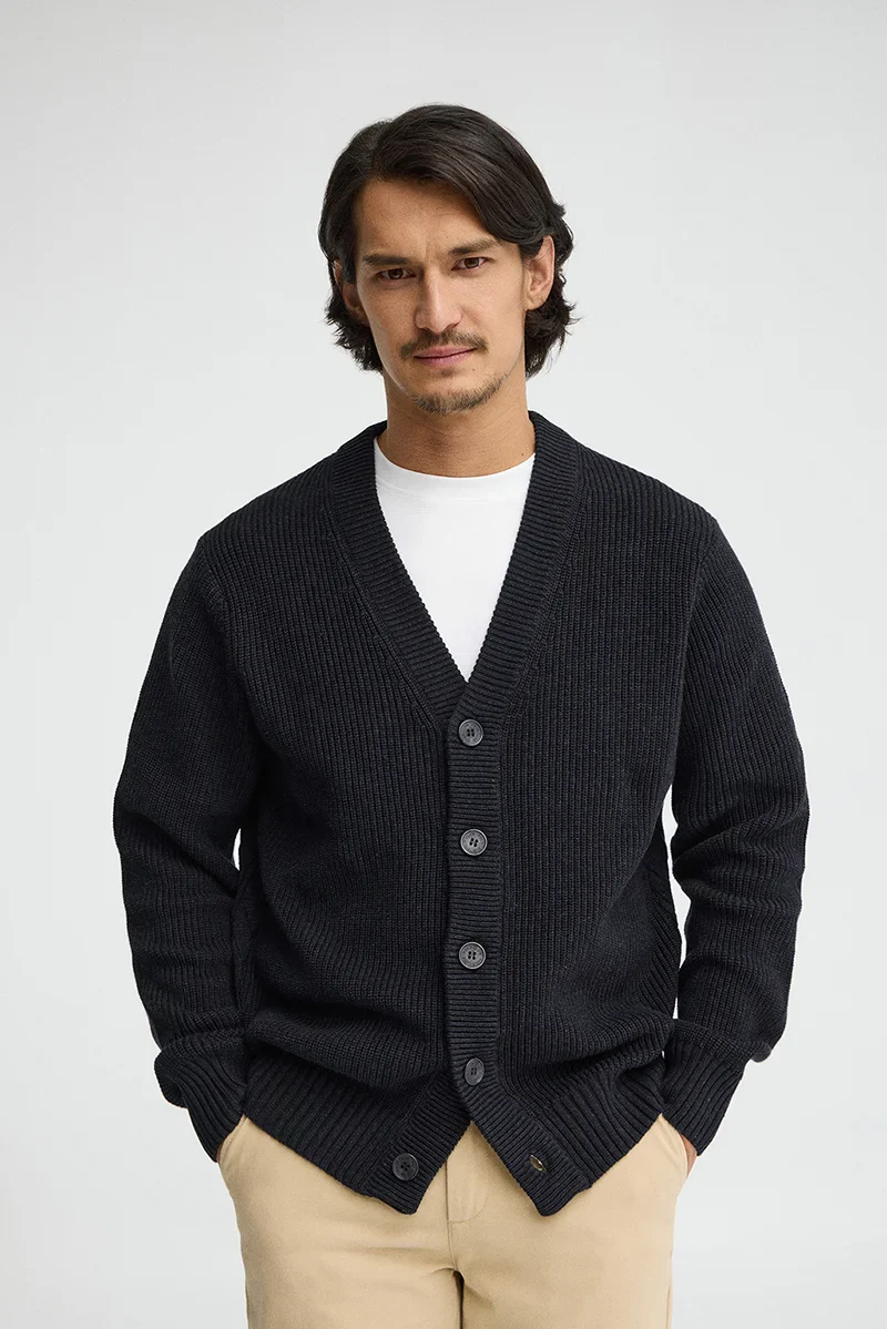 Navy-blue V-neck loose-fit cardigan with Polo Club logo