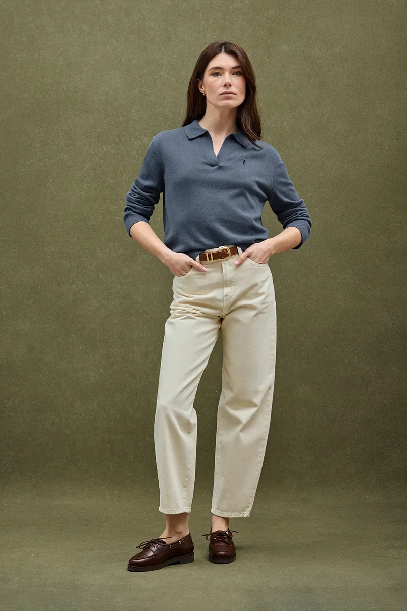 Denim-blue jumper with polo collar and Rigby Go logo - Image 5