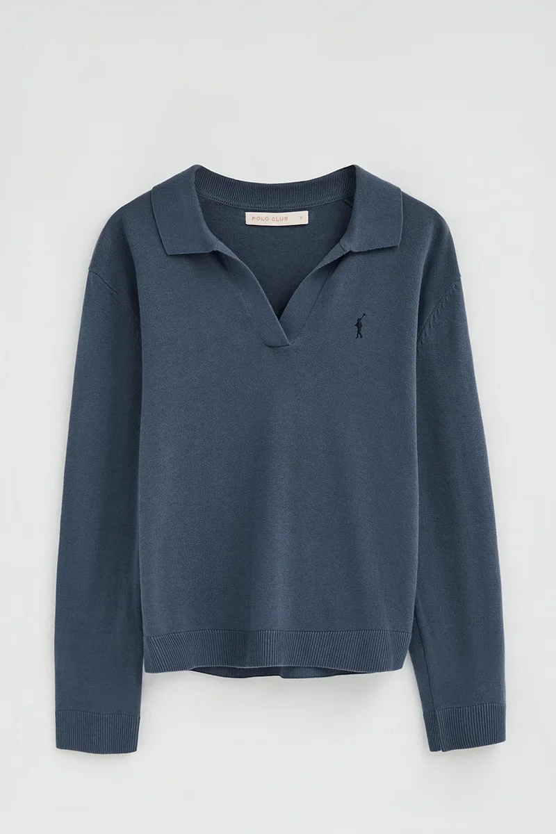 Denim-blue jumper with polo collar and Rigby Go logo - Image 6