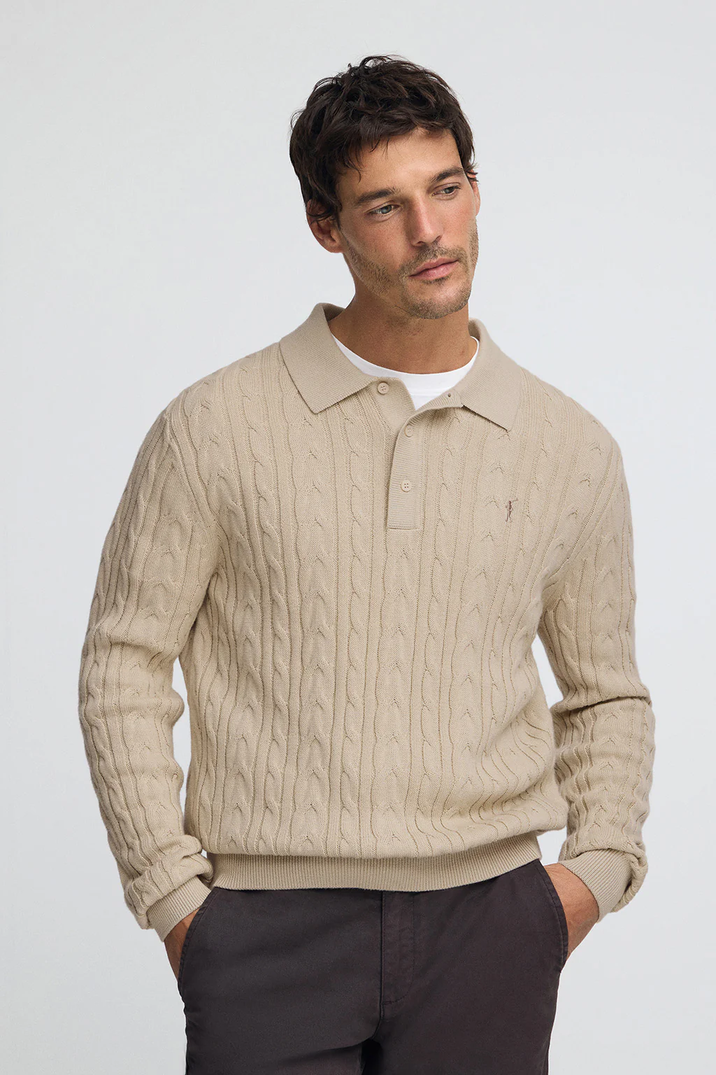 Beige cable-knit wool-blend jumper with polo collar and Rigby Go embroidery