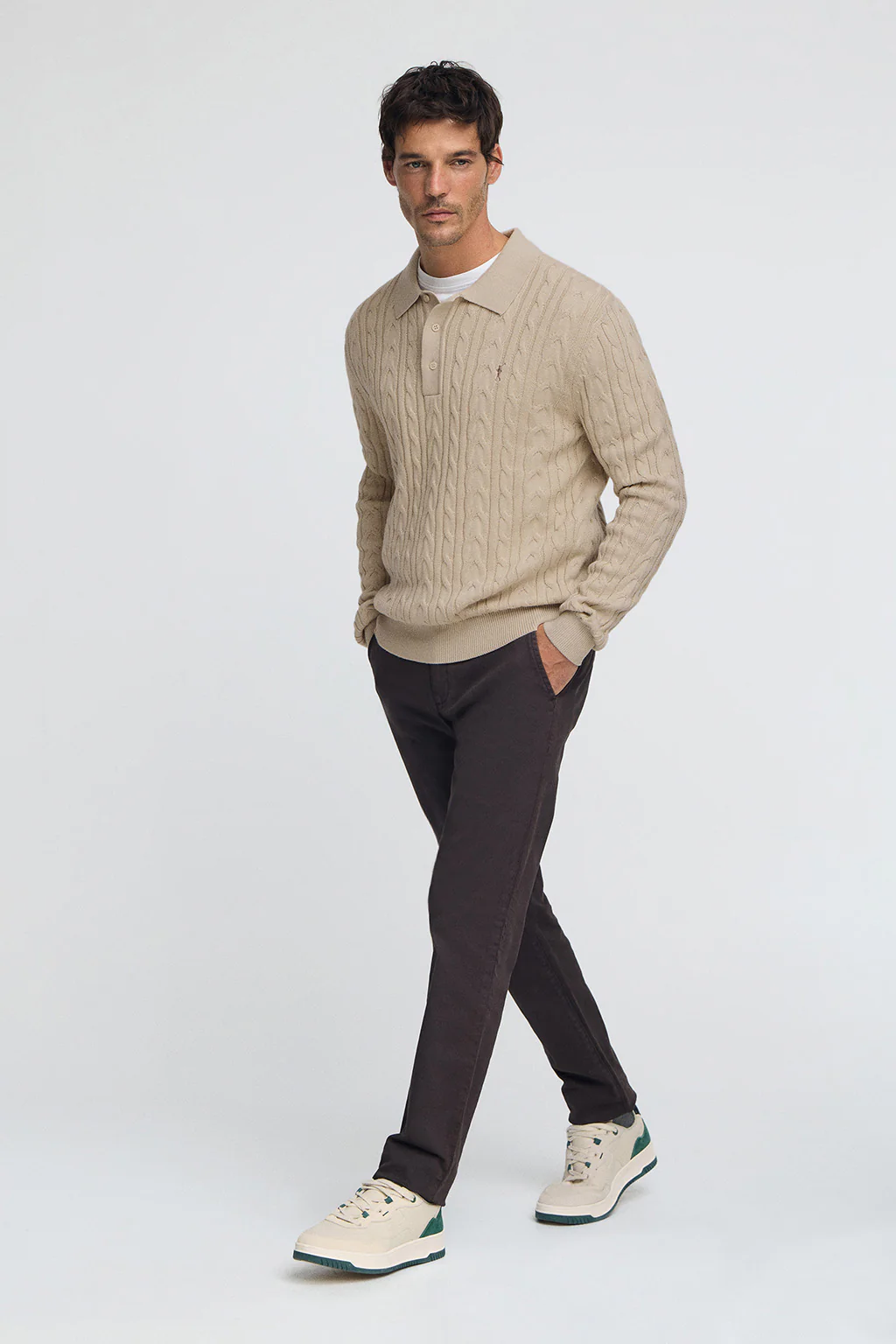 Beige cable-knit wool-blend jumper with polo collar and Rigby Go embroidery - Image 3
