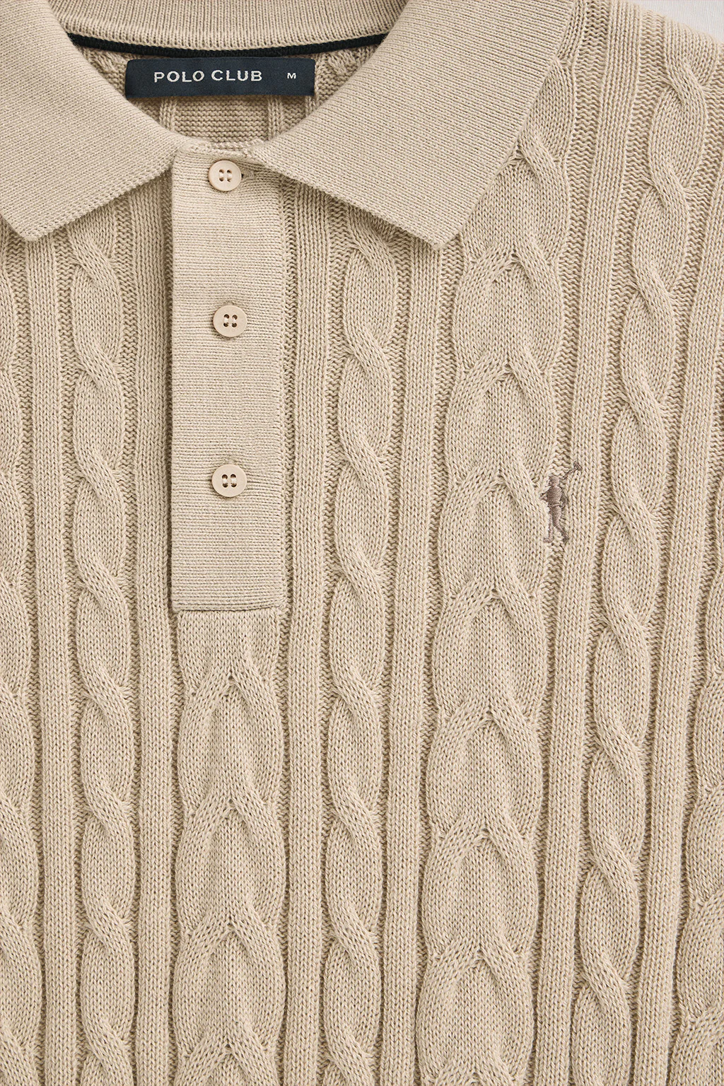 Beige cable-knit wool-blend jumper with polo collar and Rigby Go embroidery - Image 6