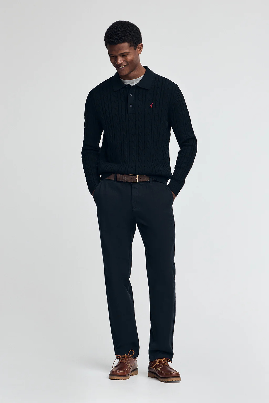 Navy-blue cable-knit wool-blend jumper with polo collar and Rigby Go embroidery - Image 3