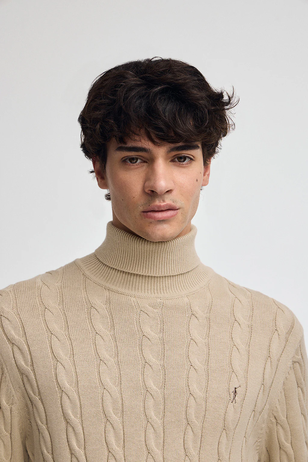 Beige cable-knit wool-blend jumper with turtleneck and Rigby Go embroidery - Image 2