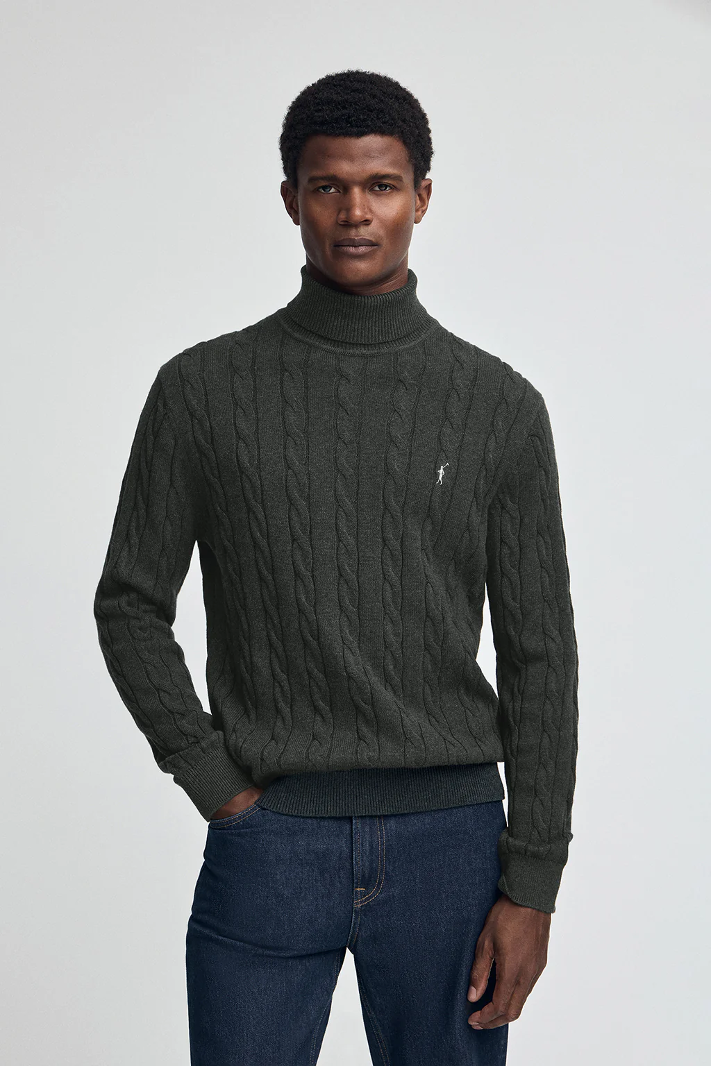 Dark-grey-marl cable-knit wool-blend jumper with turtleneck and Rigby Go embroidery