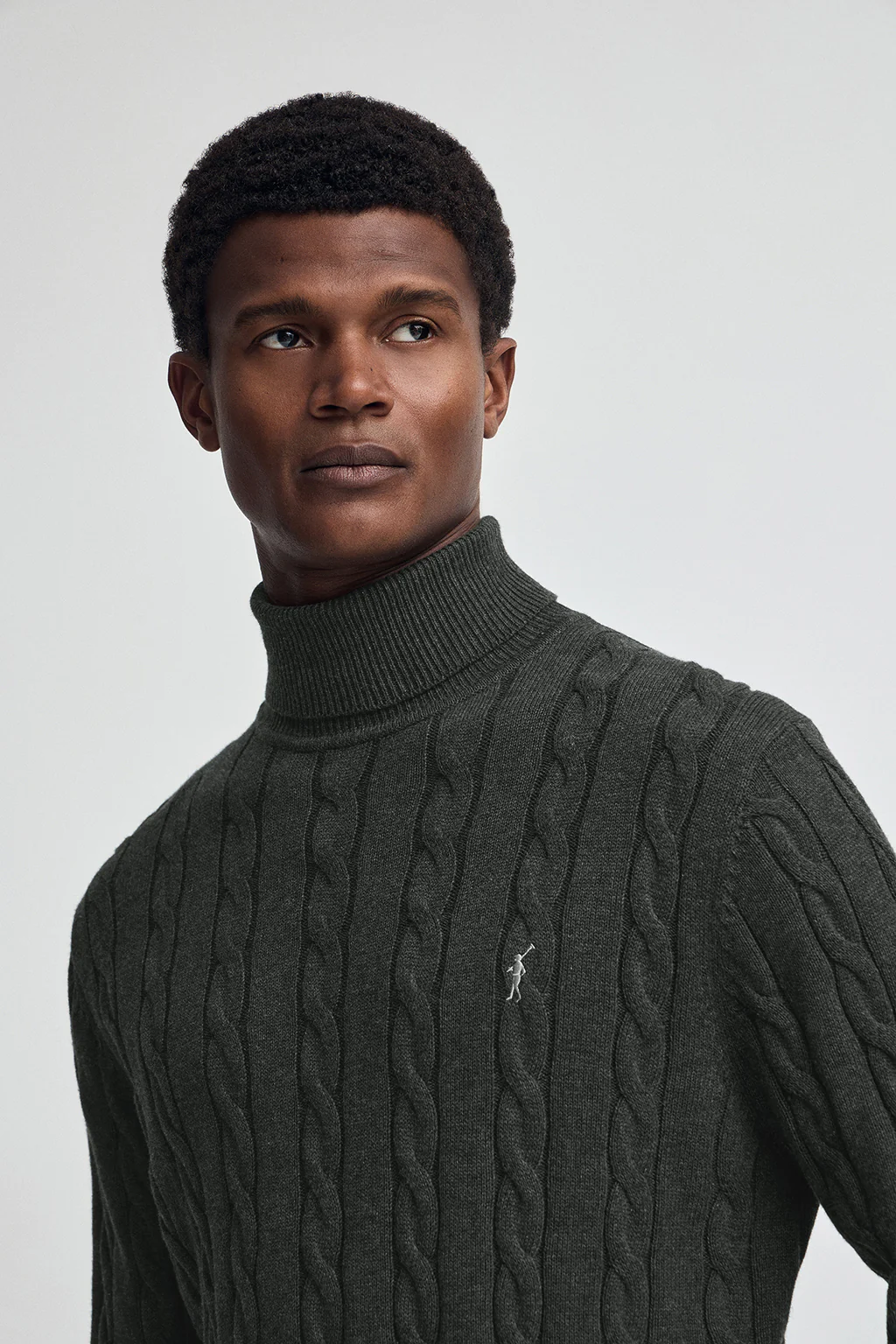 Dark-grey-marl cable-knit wool-blend jumper with turtleneck and Rigby Go embroidery - Image 2