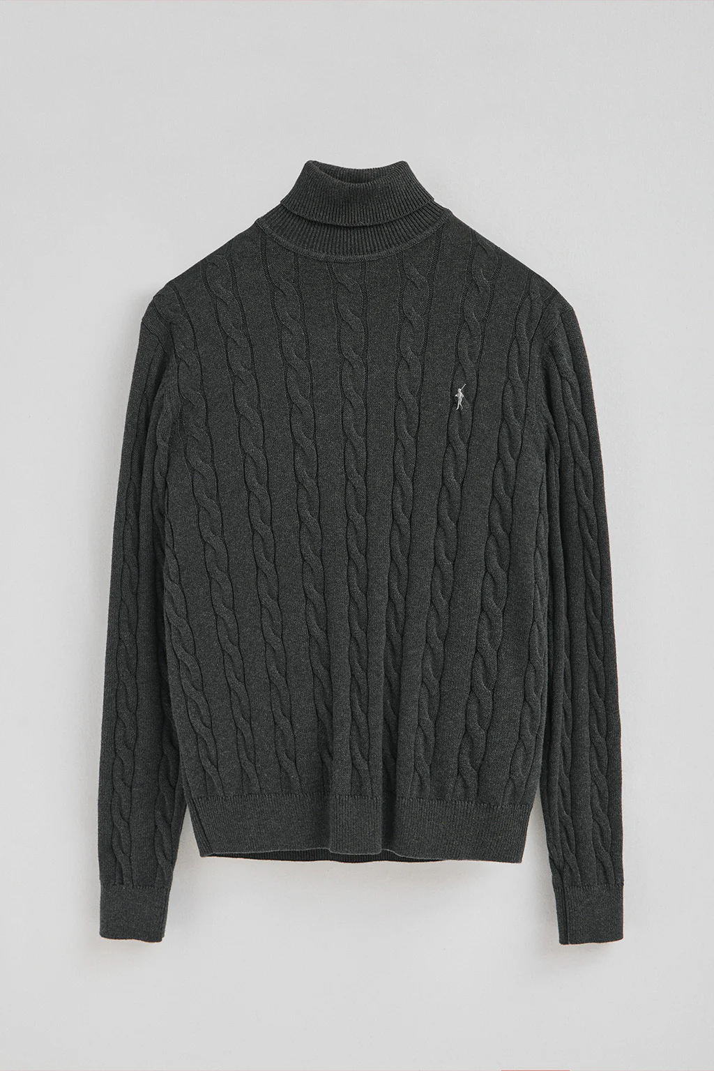 Dark-grey-marl cable-knit wool-blend jumper with turtleneck and Rigby Go embroidery - Image 8