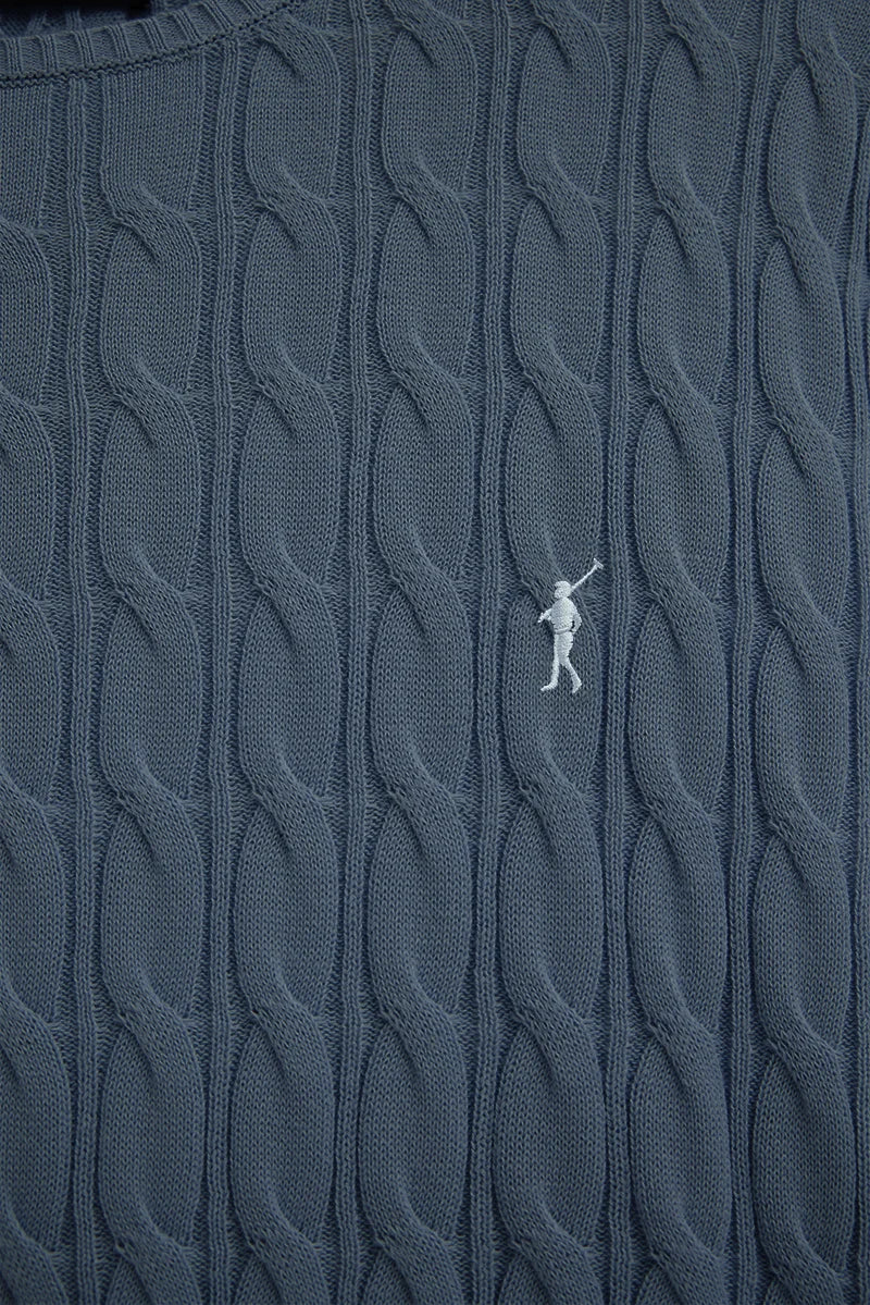 Denim-blue cable-knit jumper with Rigby Go logo - Image 6