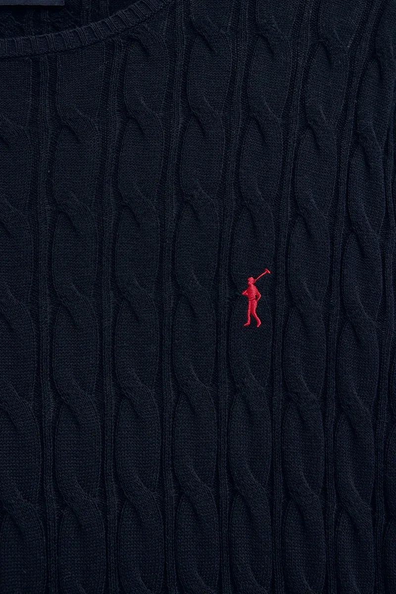 Navy-blue cable-knit jumper with Rigby Go logo - Image 7