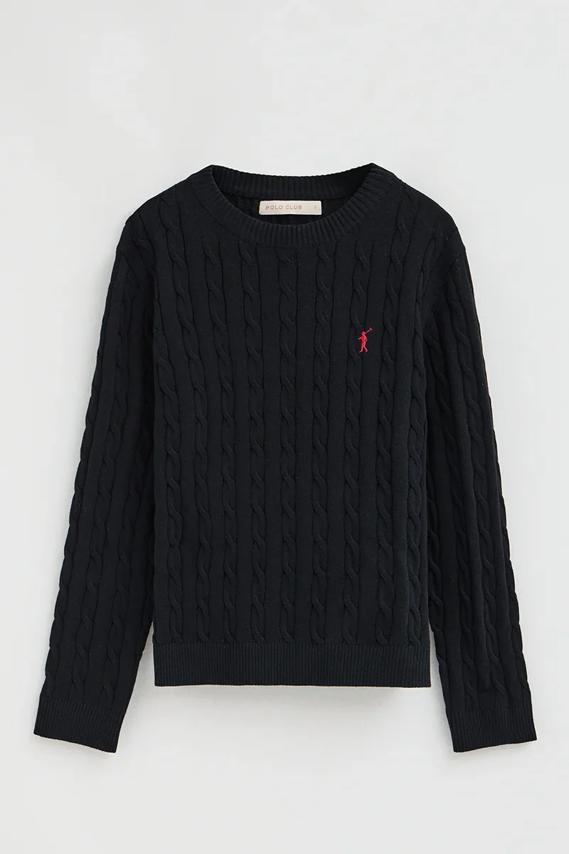 Navy-blue cable-knit jumper with Rigby Go embroidery - Image 9