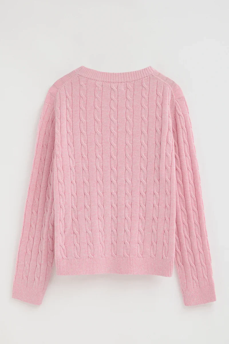 Pink cable-knit jumper with Rigby Go embroidery - Image 8