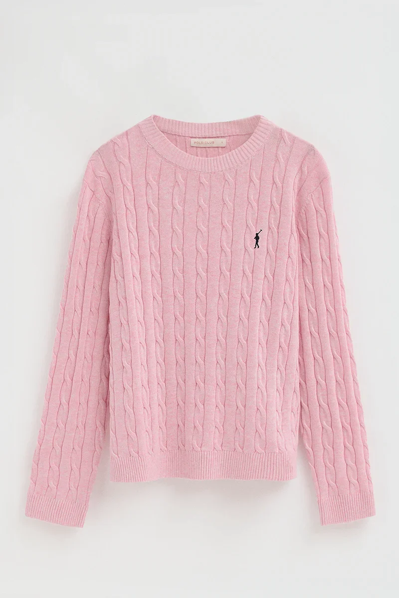 Pink cable-knit jumper with Rigby Go embroidery - Image 9