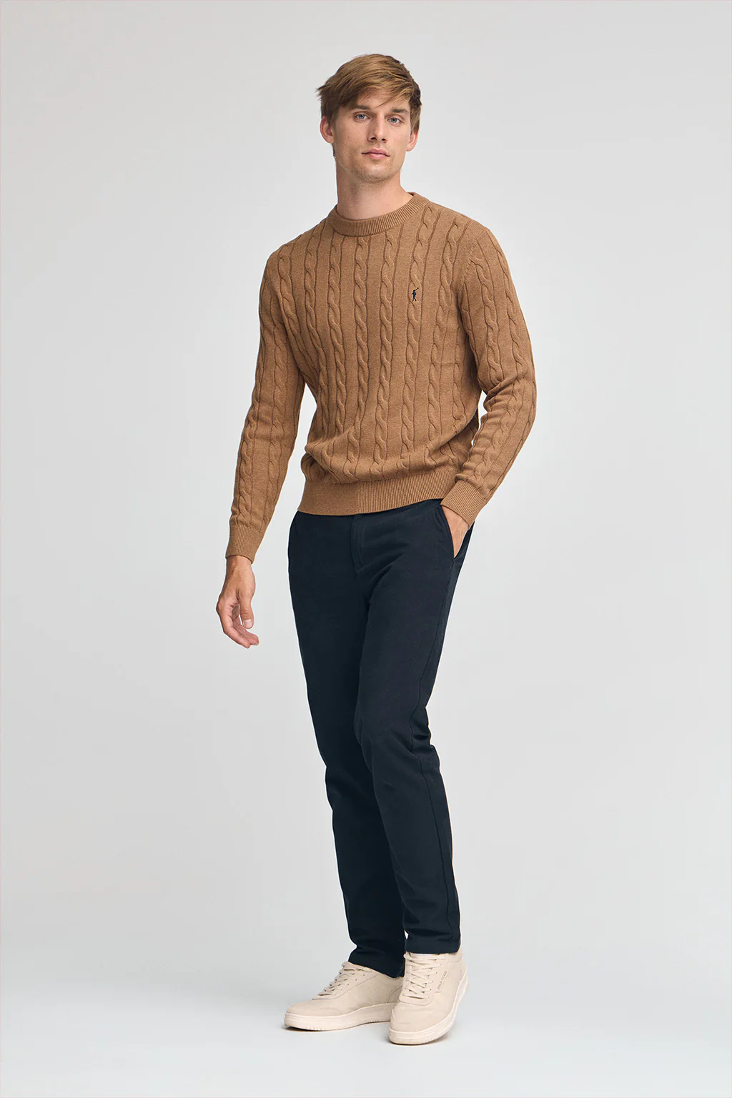 Camel-marl cable-knit wool-blend jumper with Rigby Go embroidery - Image 3
