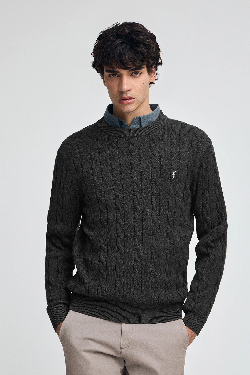 Dark-grey-marl cable-knit wool-blend jumper with Rigby Go embroidery