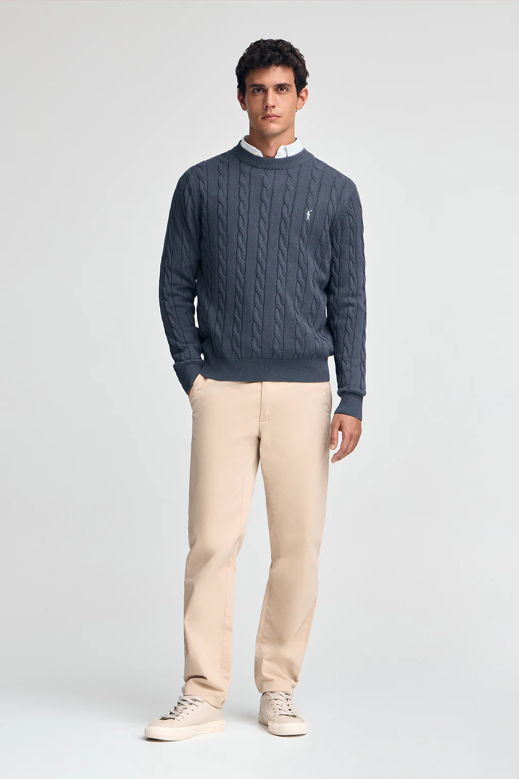 Denim-blue cable-knit wool-blend jumper with Rigby Go embroidery - Image 3