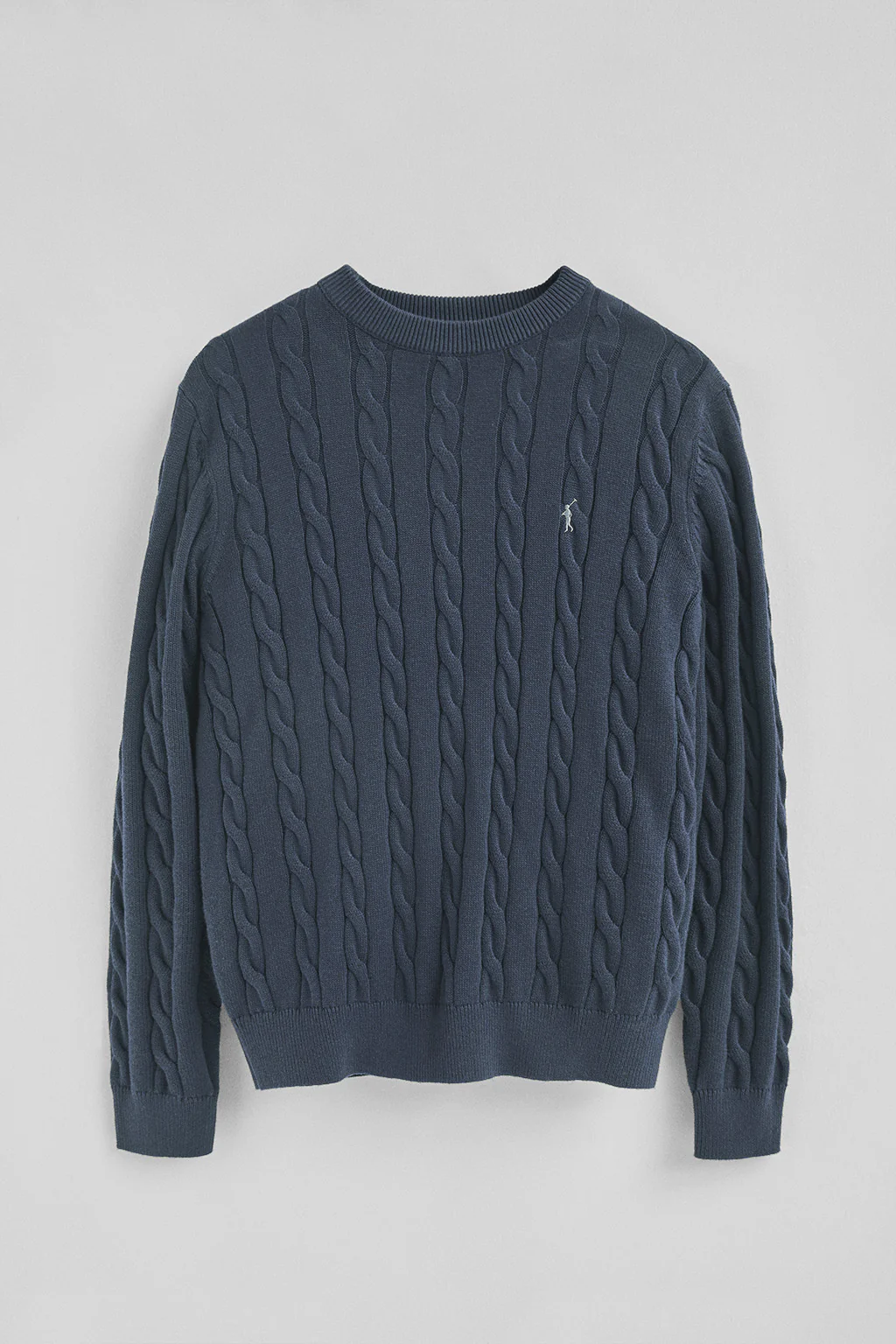 Denim-blue cable-knit wool-blend jumper with Rigby Go embroidery - Image 7