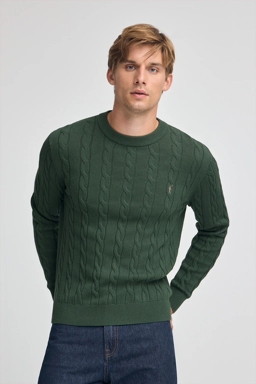 Mud-green cable-knit wool-blend jumper with Rigby Go embroidery