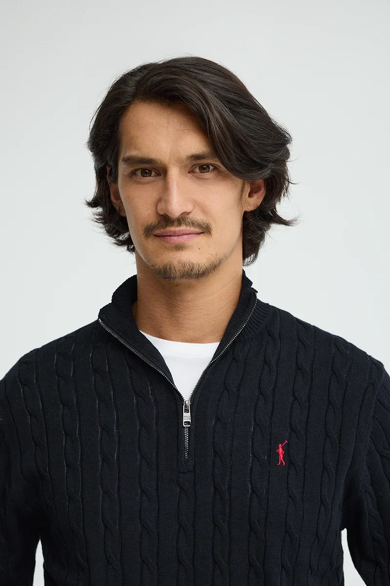 Navy-blue cable-knit jumper with zipped neck and Rigby Go logo - Image 3
